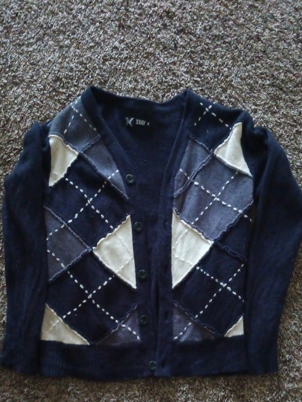Women's Wool Navy Blue Argyle Cardigan Sweater By X-ray Sz M